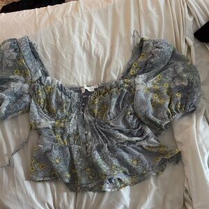 Astr Floral Puff Sleeve Blouse - Blue and Yellow